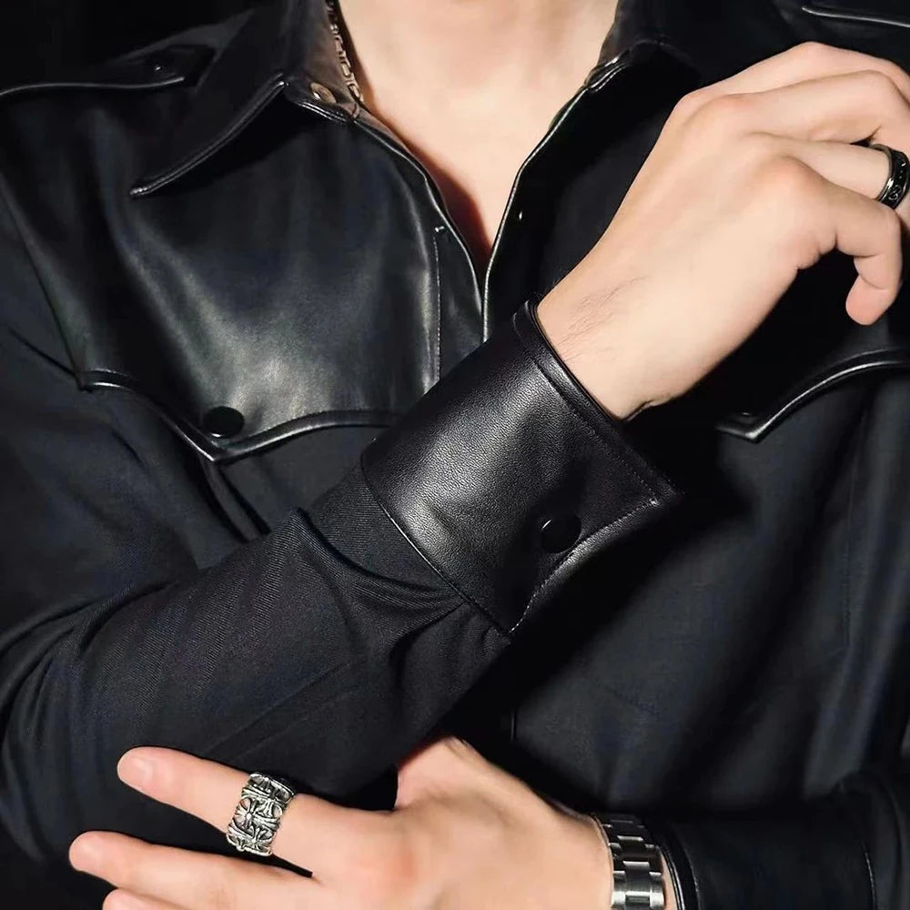 Black PU Leather Solid Patchwork Shirt