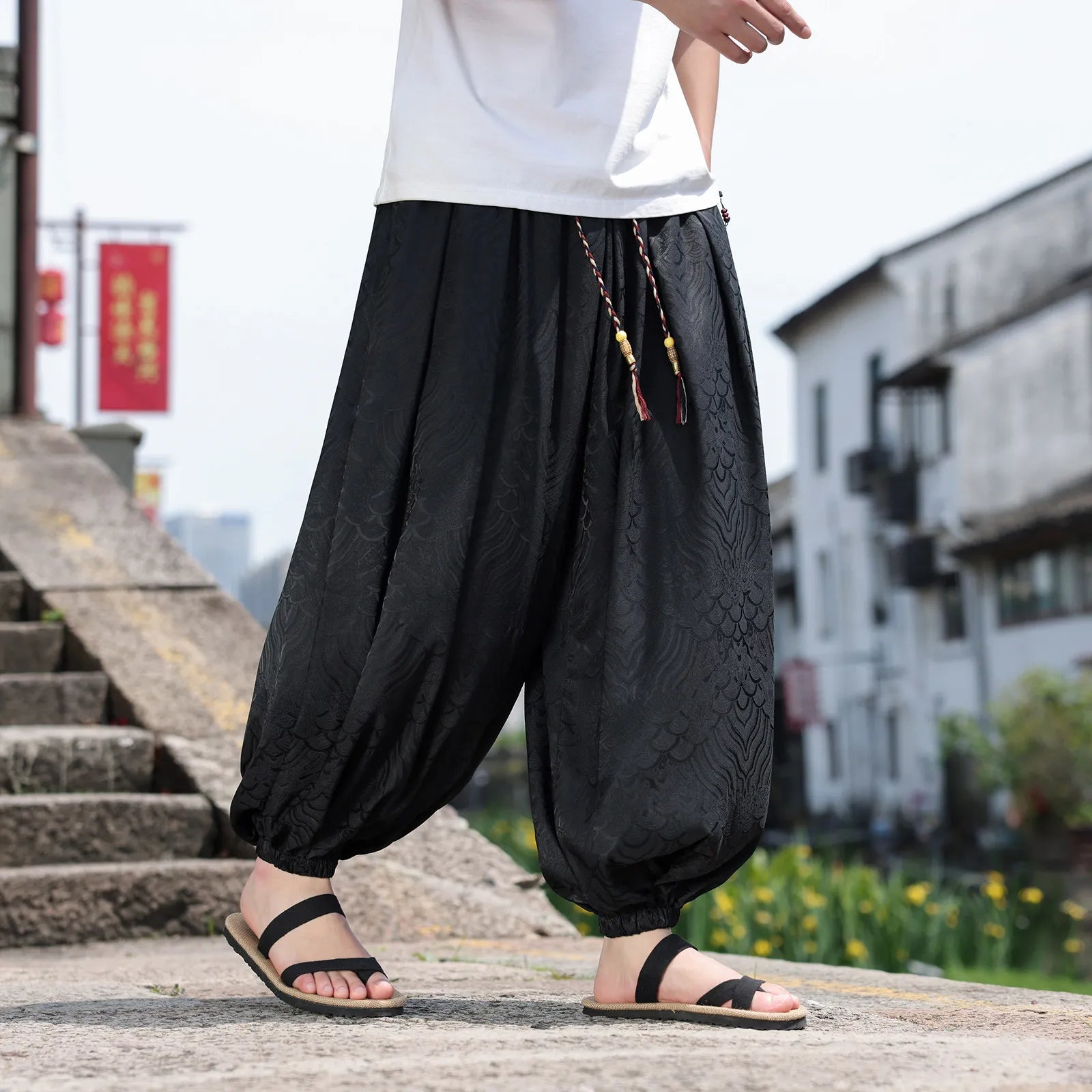 Geometric Chinese Pattern Wide-Leg Jogger Pants