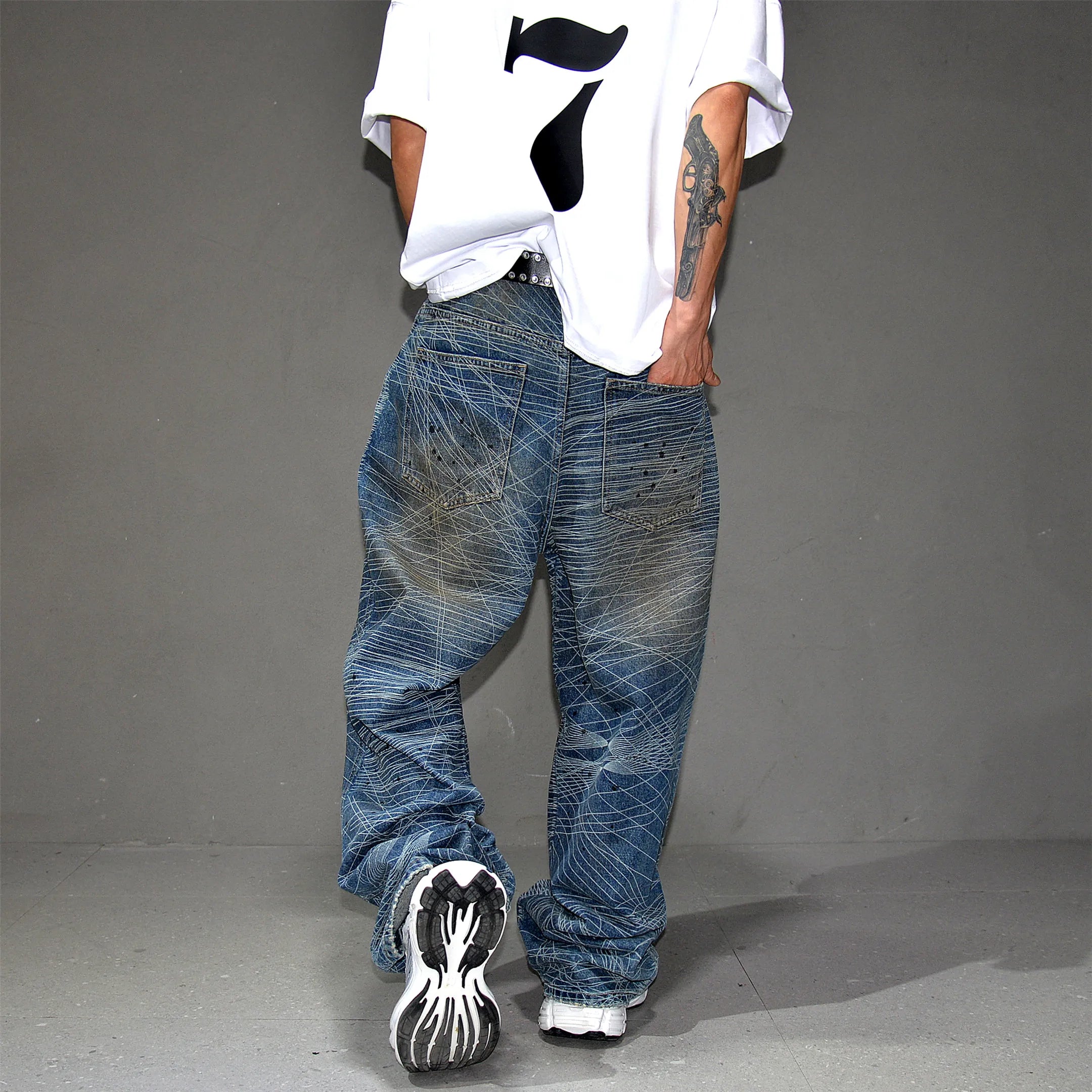 Distressed Line Paint Denim Jeans