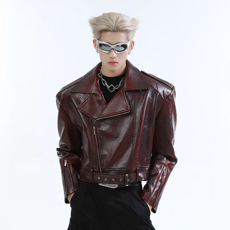 Lapel Collar Zipper with Belt Leather Jacket