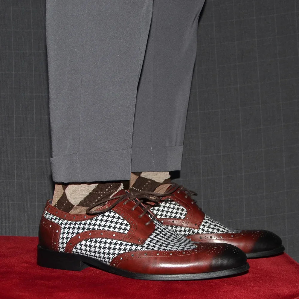 Patchwork Houndstooth Leather Brogue Shoes