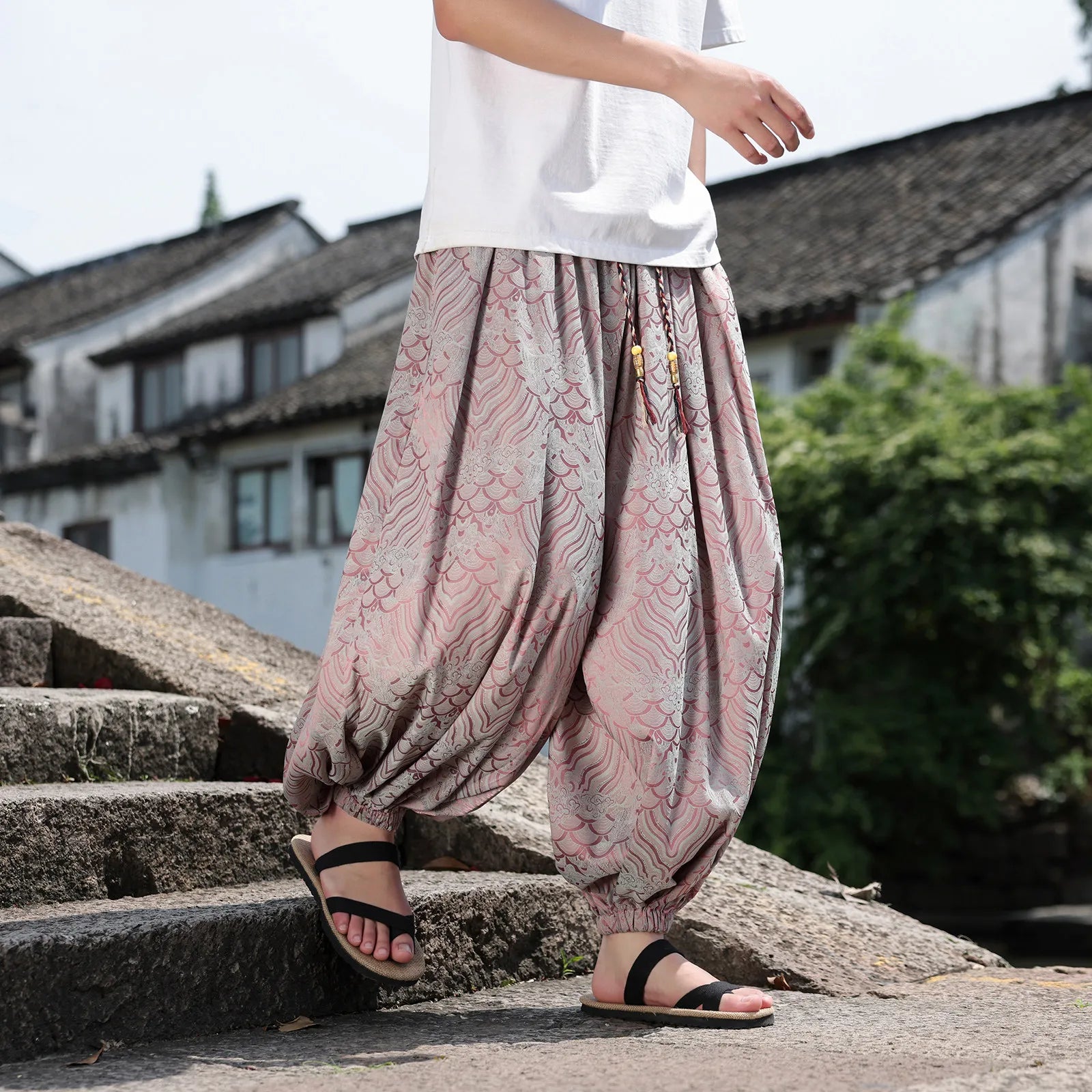 Geometric Chinese Pattern Wide-Leg Jogger Pants