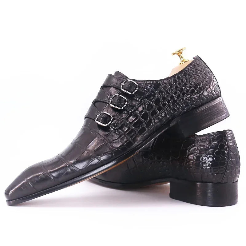 Triple Buckle Monk Strap Leather Shoes