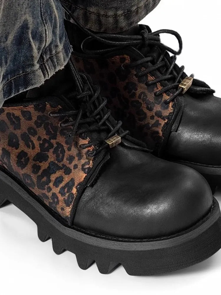 Cowhide Genuine Leather Spliced Leopard Shoes