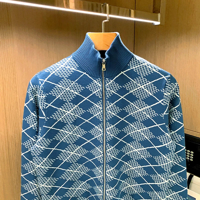 Half-High-Neck Slim Plaid Cardigan