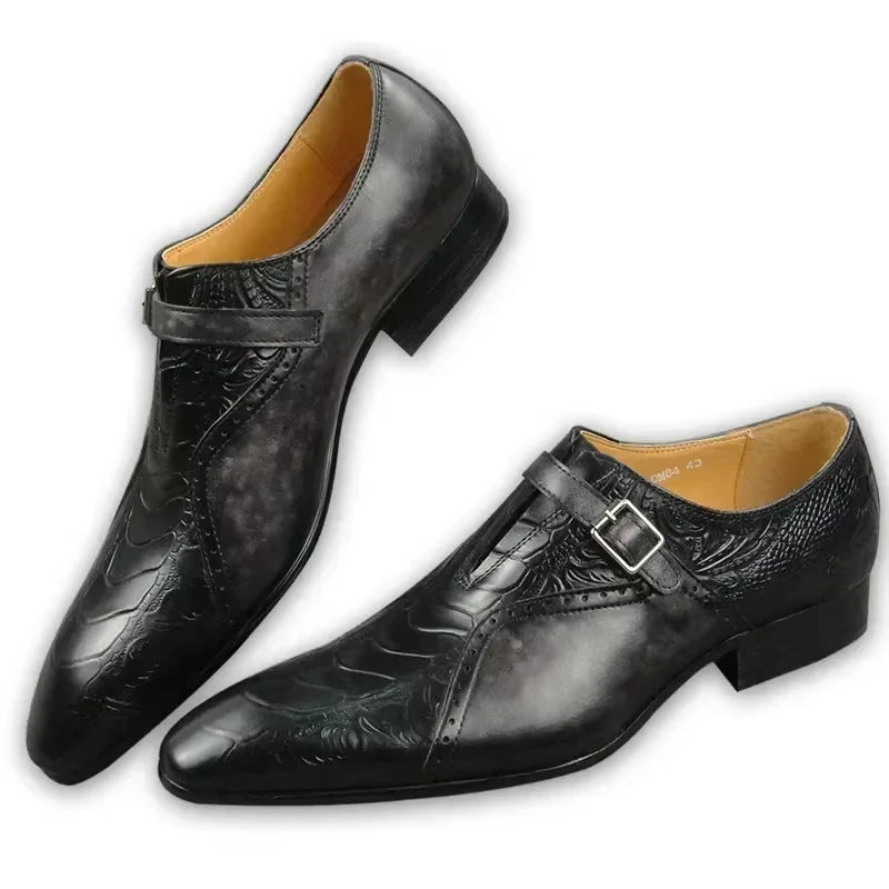 Embossed Leather Buckle Oxford Shoes