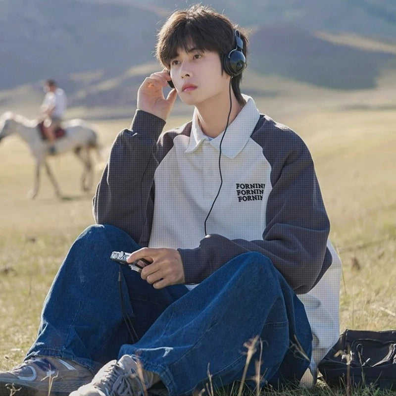 Relaxed Waffle Knit Collar Sweatshirt