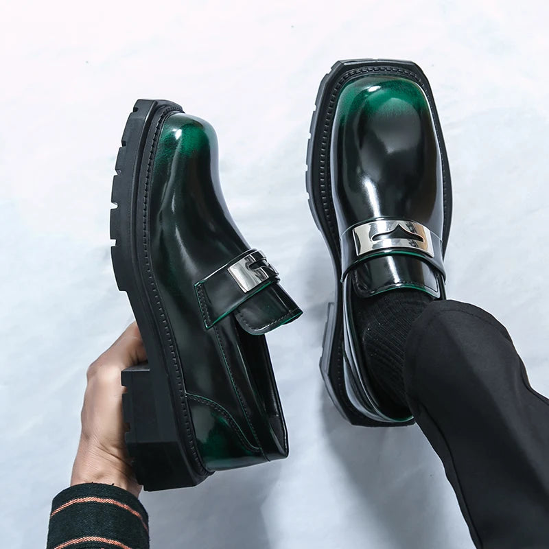 Square Toe Shiny Metal Accent Loafers