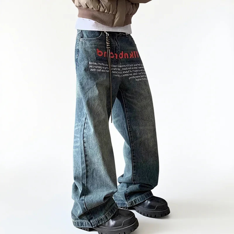 Printed Letter Hip-Hop Straight Loose Jeans