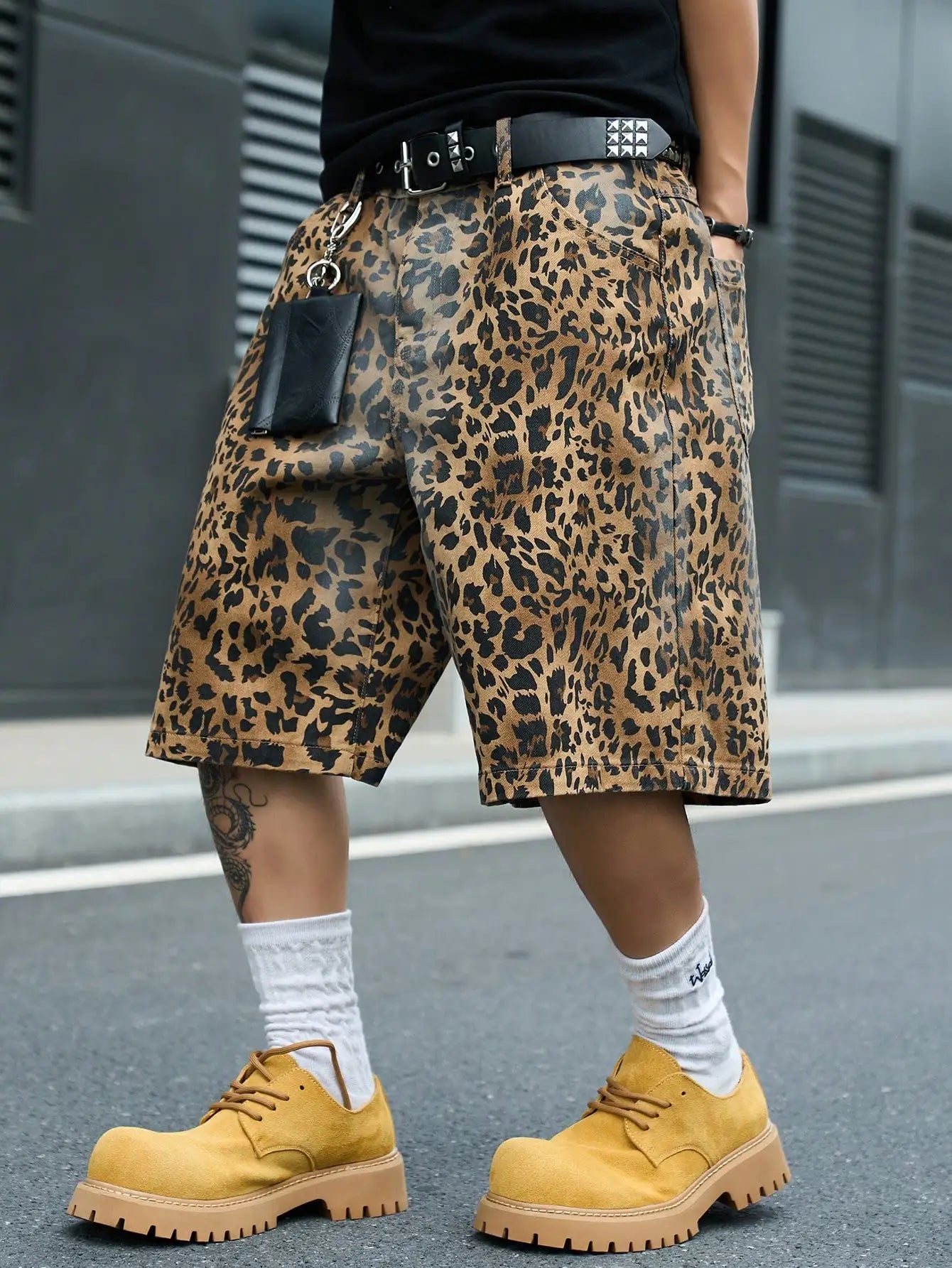 Leopard Print Baggy Denim Shorts