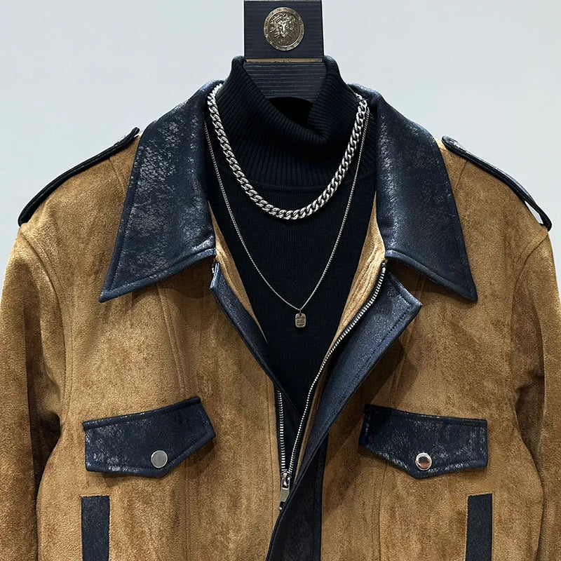 Patchwork Color-Block Lapel Suede Jacket