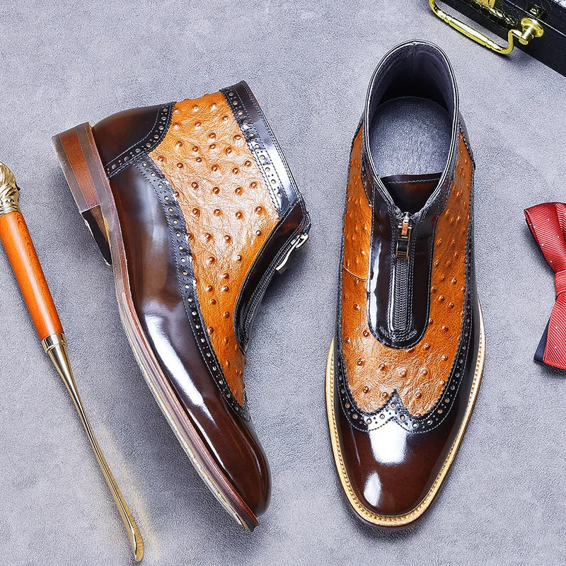 Ostrich Pattern Leather Wingtip Boots