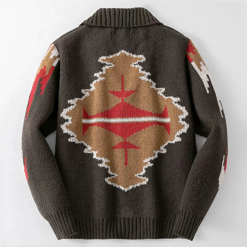 Coffee Color Geometric Printed Cardigan