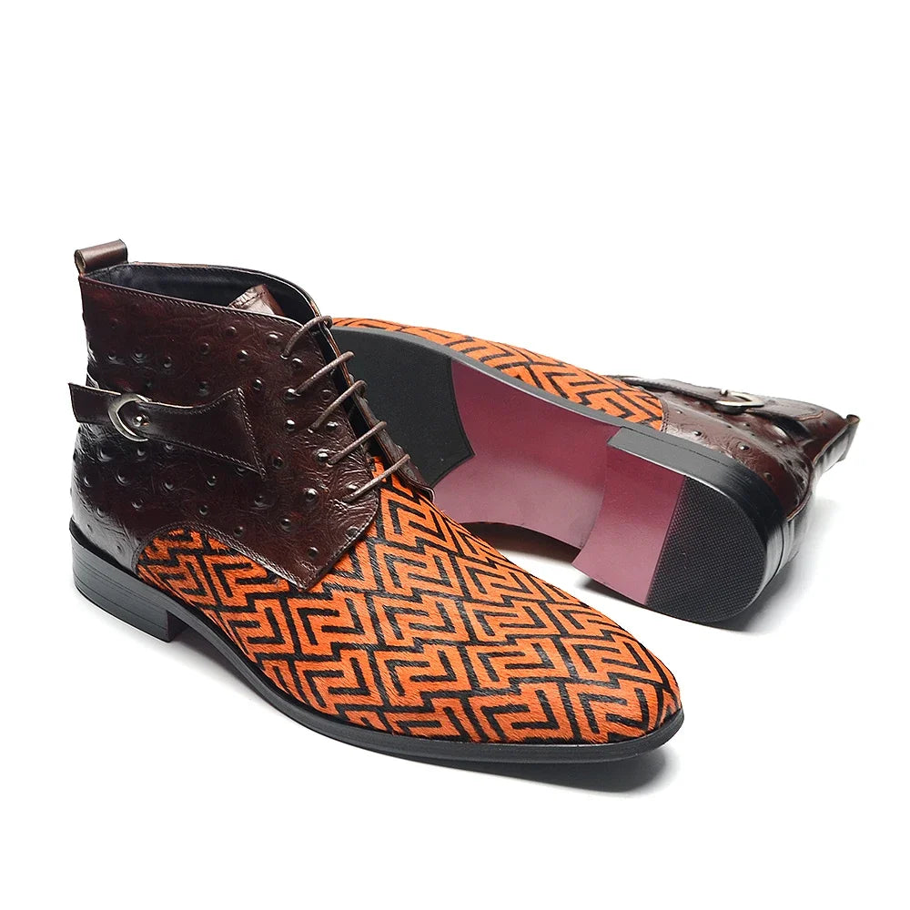 Horse Hair Brown Buckle Ankle Boots