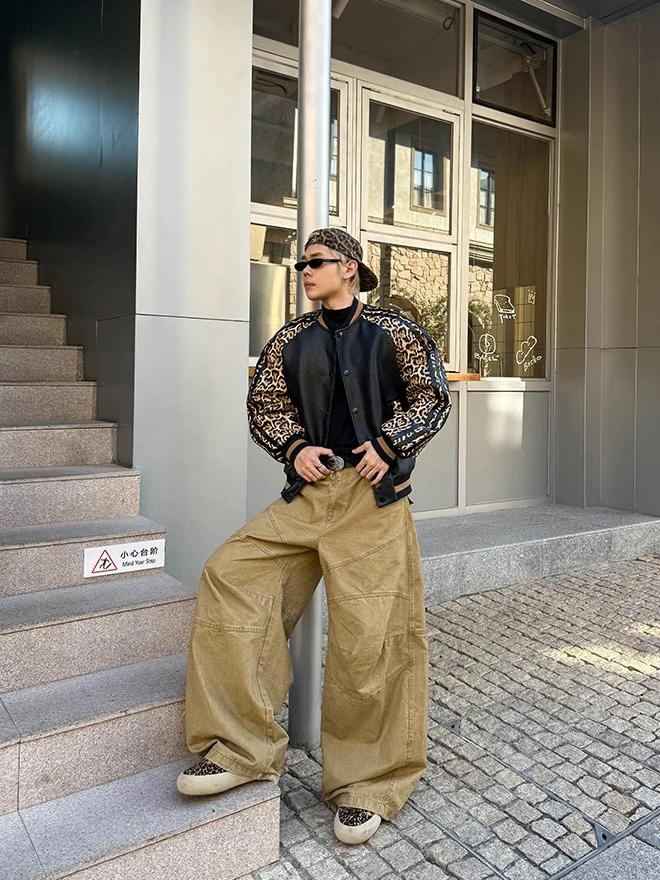 Leopard Patchwork Leather Bomber Jacket
