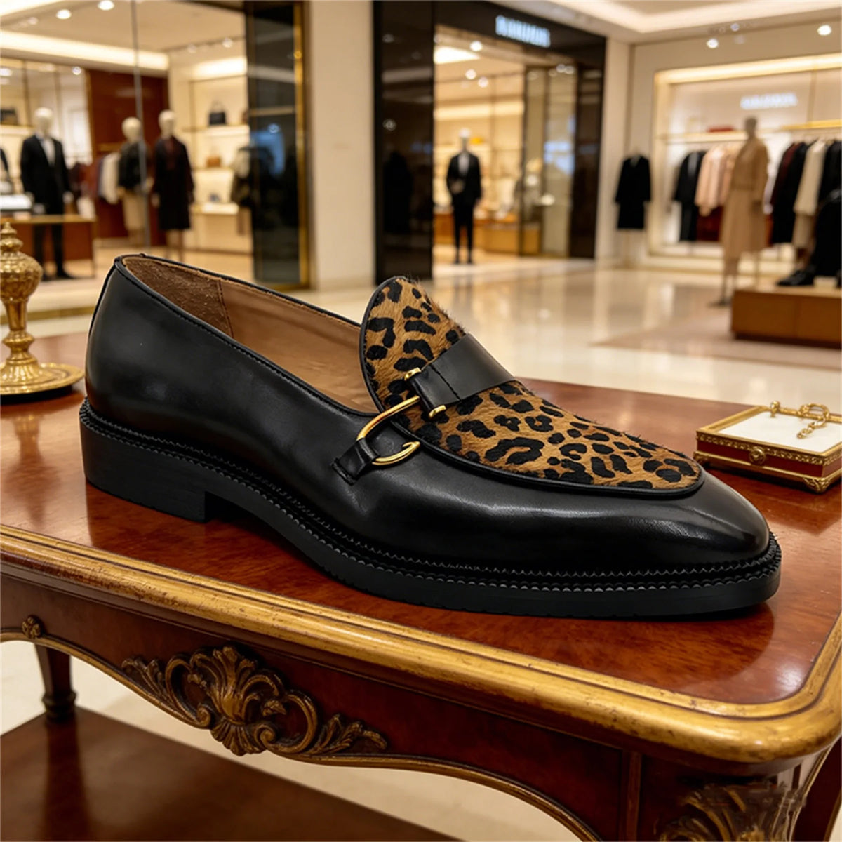 Metal Button Leopard Pattern Loafers