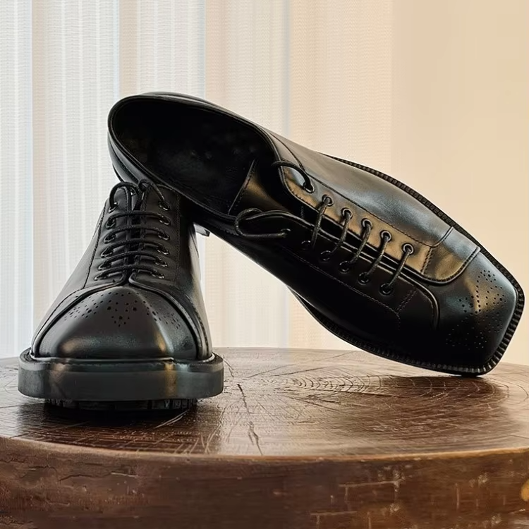 Square Toe Solid Black Leather Shoes