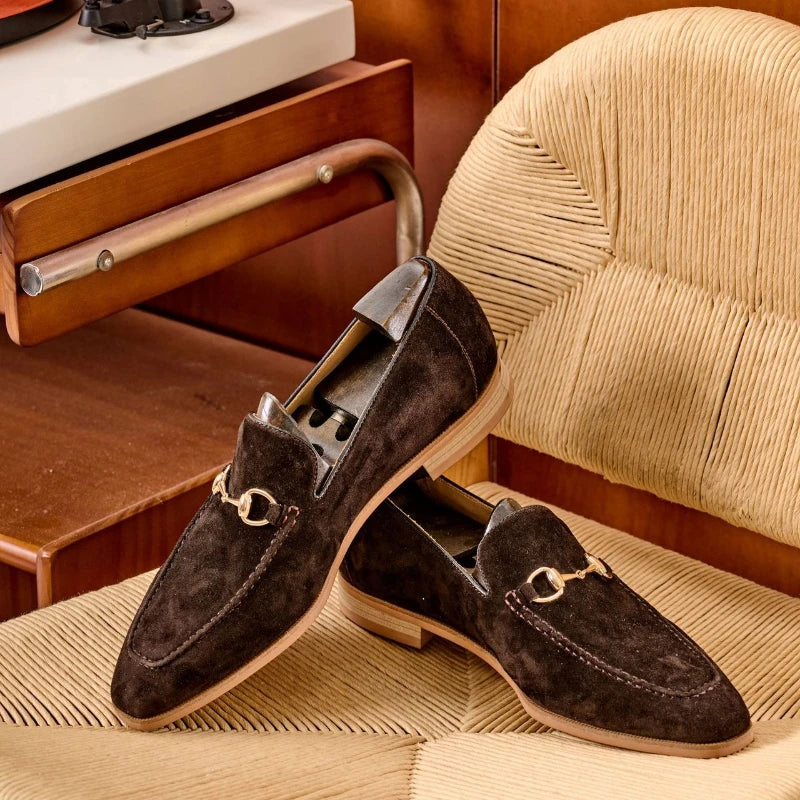 Metal Buckle Appliques Suede Leather Loafers