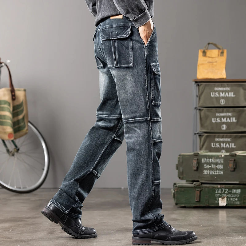 Multi-Pocket Patch Line Straight Jeans