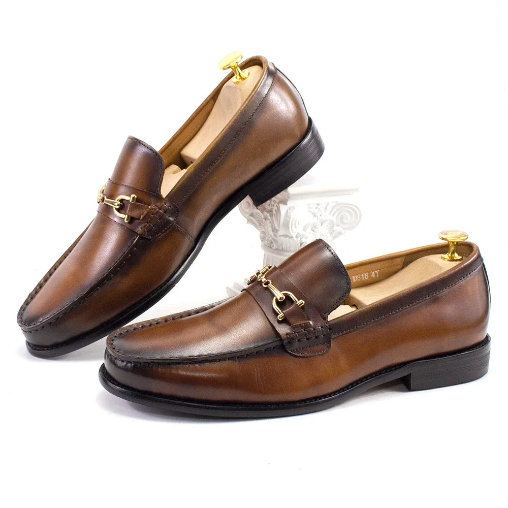 Metal Chain Round-Toe Leather Loafers