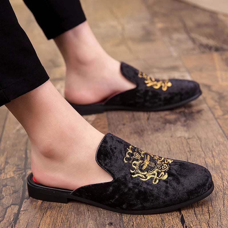 Embroidered Velvet Upper Mules Shoes