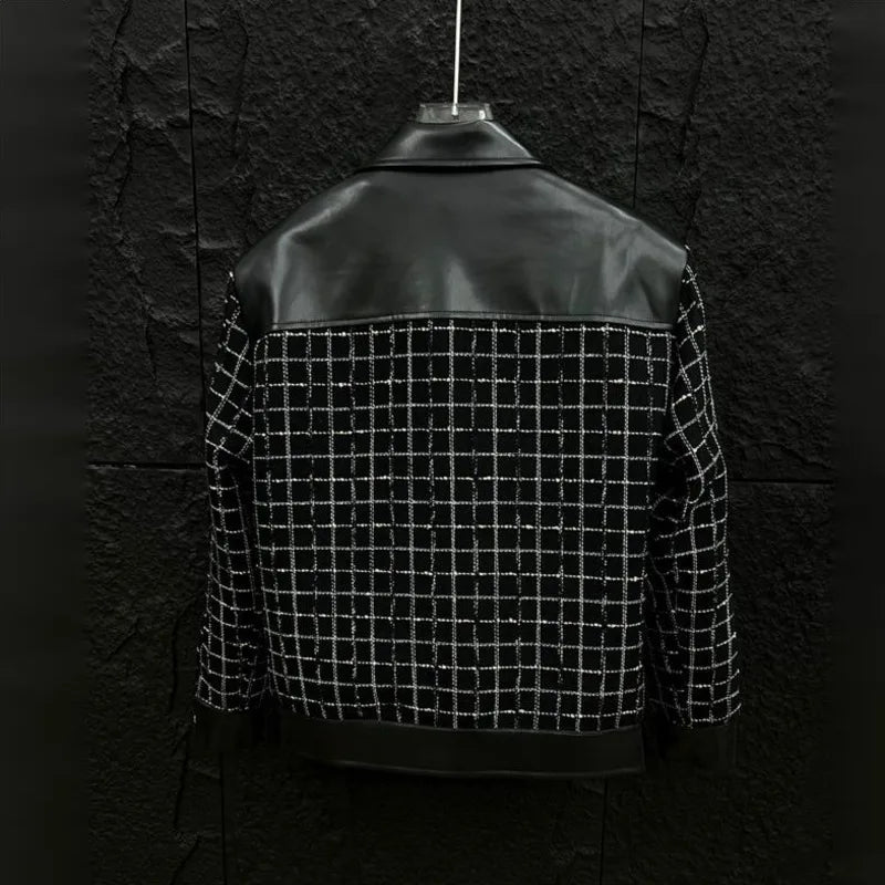 Windowpane Leather Trim Tweed Jacket