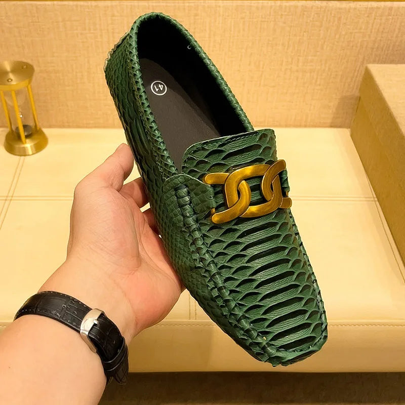 Croc-Skin Metal Appliques Flats Loafers