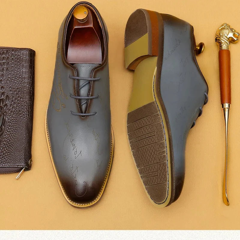 Handwritten Letter Pattern Leather Shoes