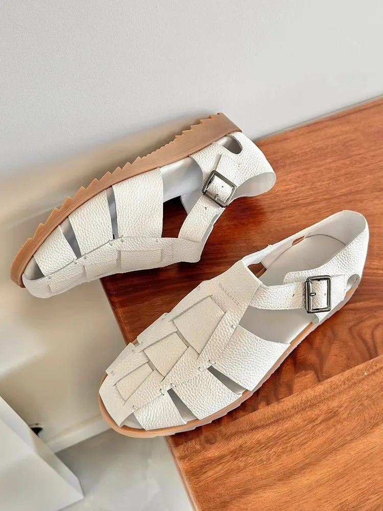 Buckle Solid Close-Toe Weave Sandals