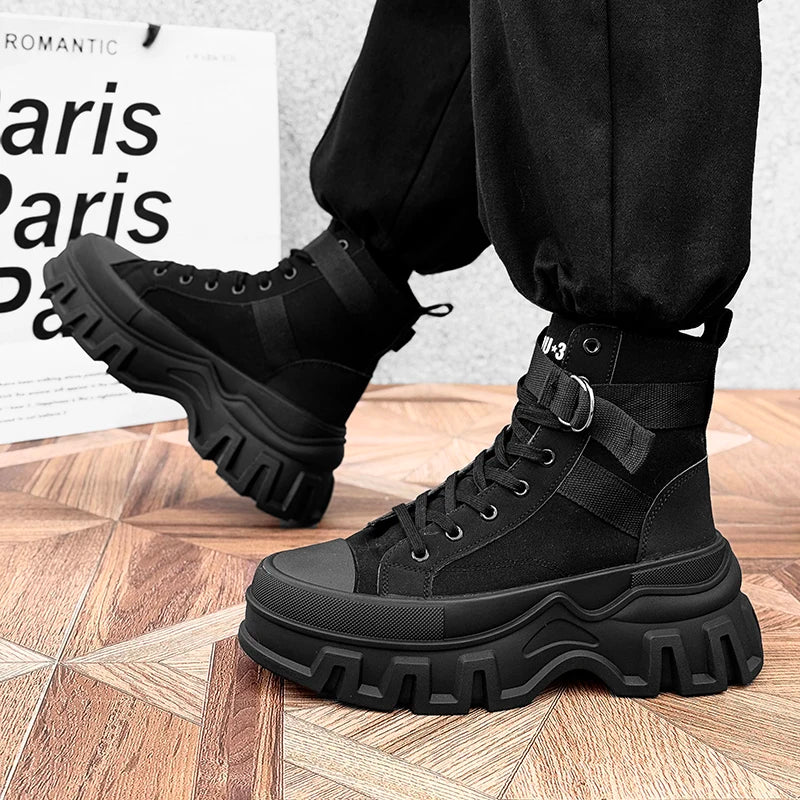 Platform Black Fabric Mid-Calf Boots