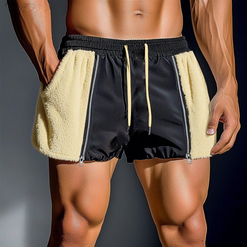 Fleece Plush Patchwork Drawstring Shorts