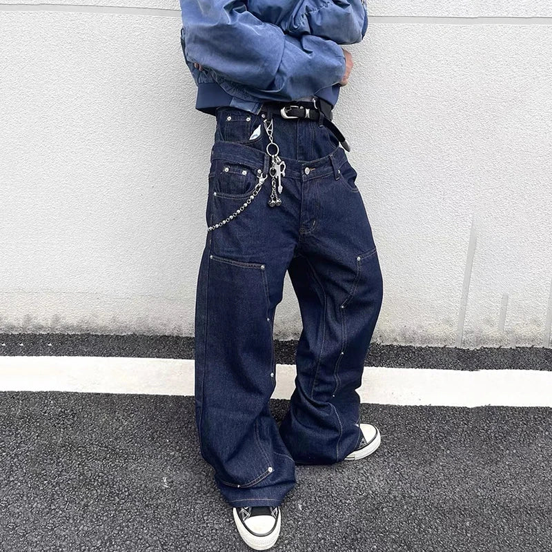 Metal Rivets Double Waistband Jeans