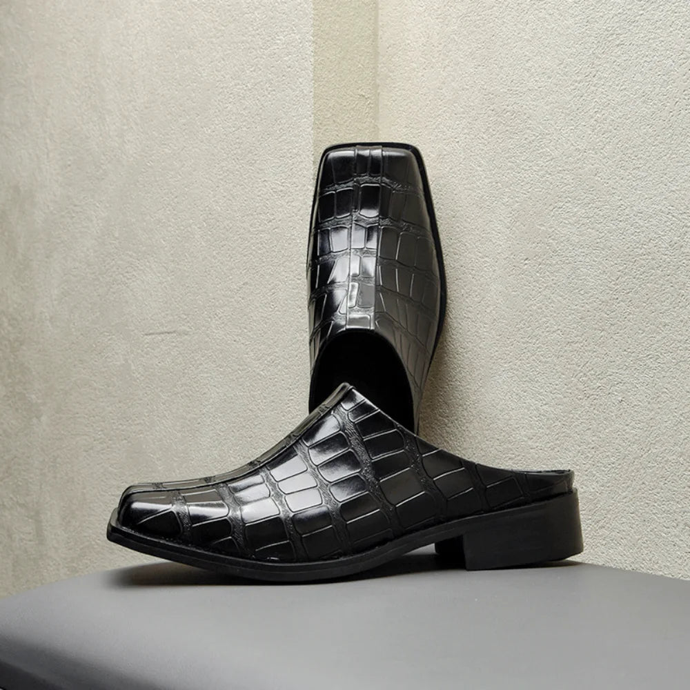 Square Toe Crocodile Skin Mules Shoes