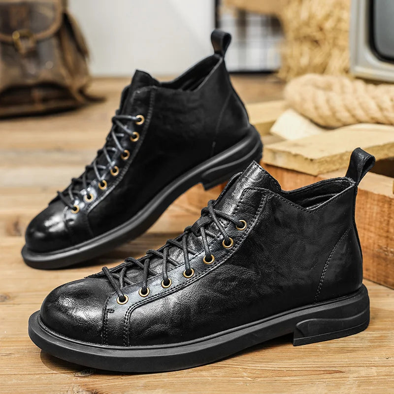 Retro Solid Color Leather High-Top Sneakers