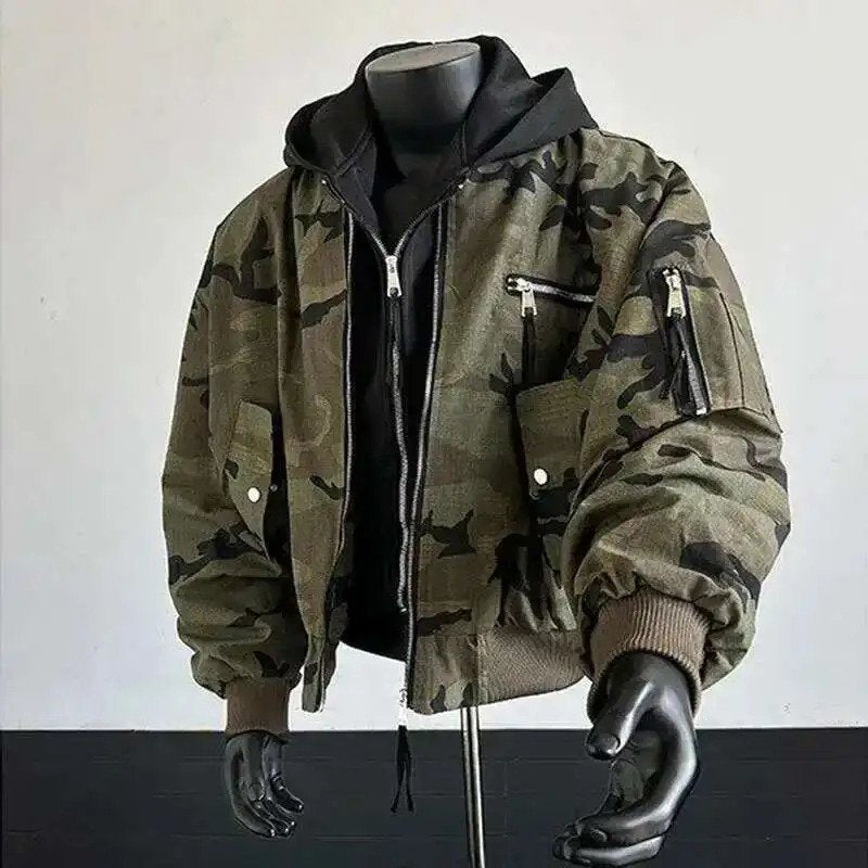 Patchwork Camouflage Zipper Hooded Jacket