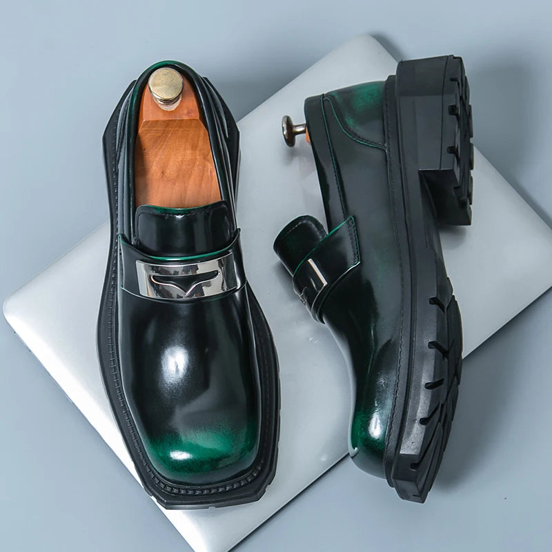 Square Toe Shiny Metal Accent Loafers