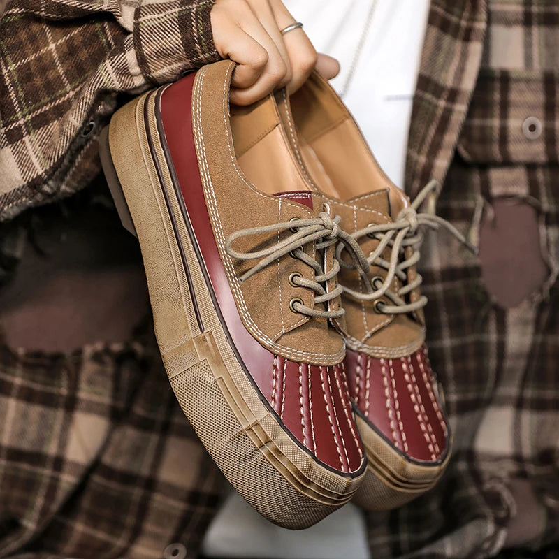 Split Leather Non-Slip Lace-Up Sneakers