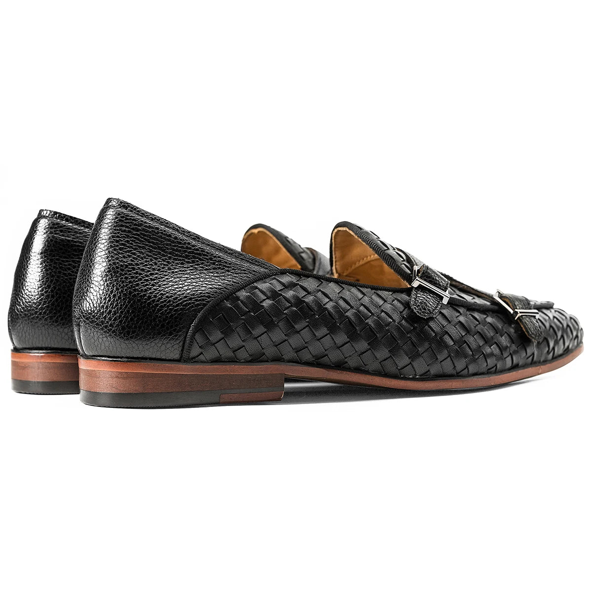 Black Woven Leather Monk Strap Shoes