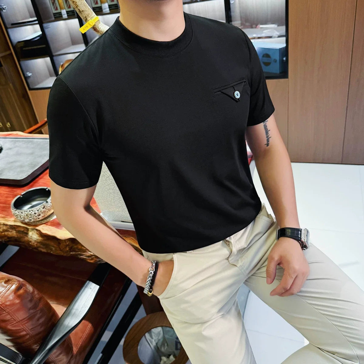 Chest Pocket Design Round Neck T-Shirt