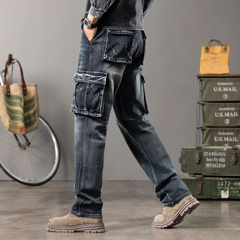 Multi-Pocket Patch Line Straight Jeans