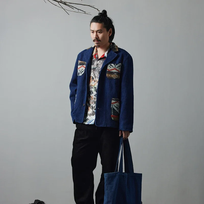 Retro Blue Dye Lapel Thick Jacket