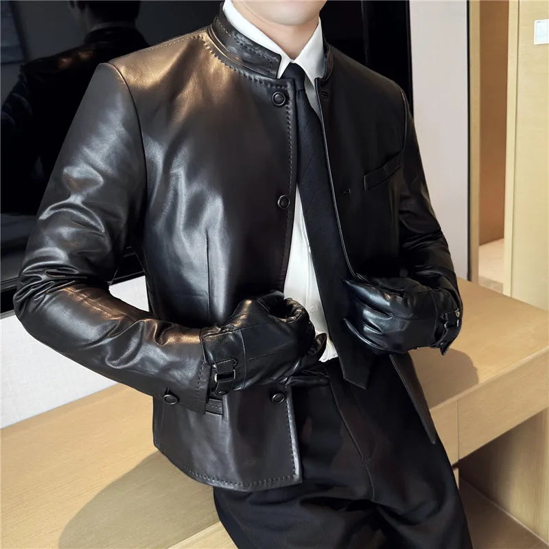 Shiny Black Leather Stand Collar Jacket