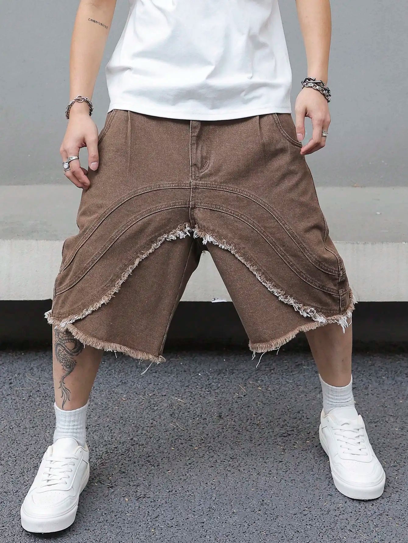Fringe Design Brown Denim Shorts