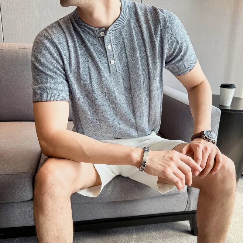 Summer Linen Blend Henry Collar T-Shirt
