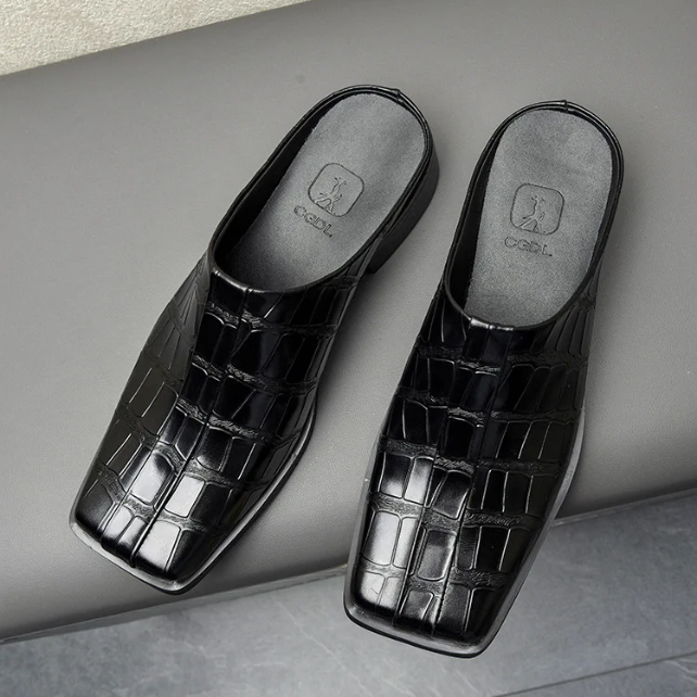 Square Toe Crocodile Skin Mules Shoes
