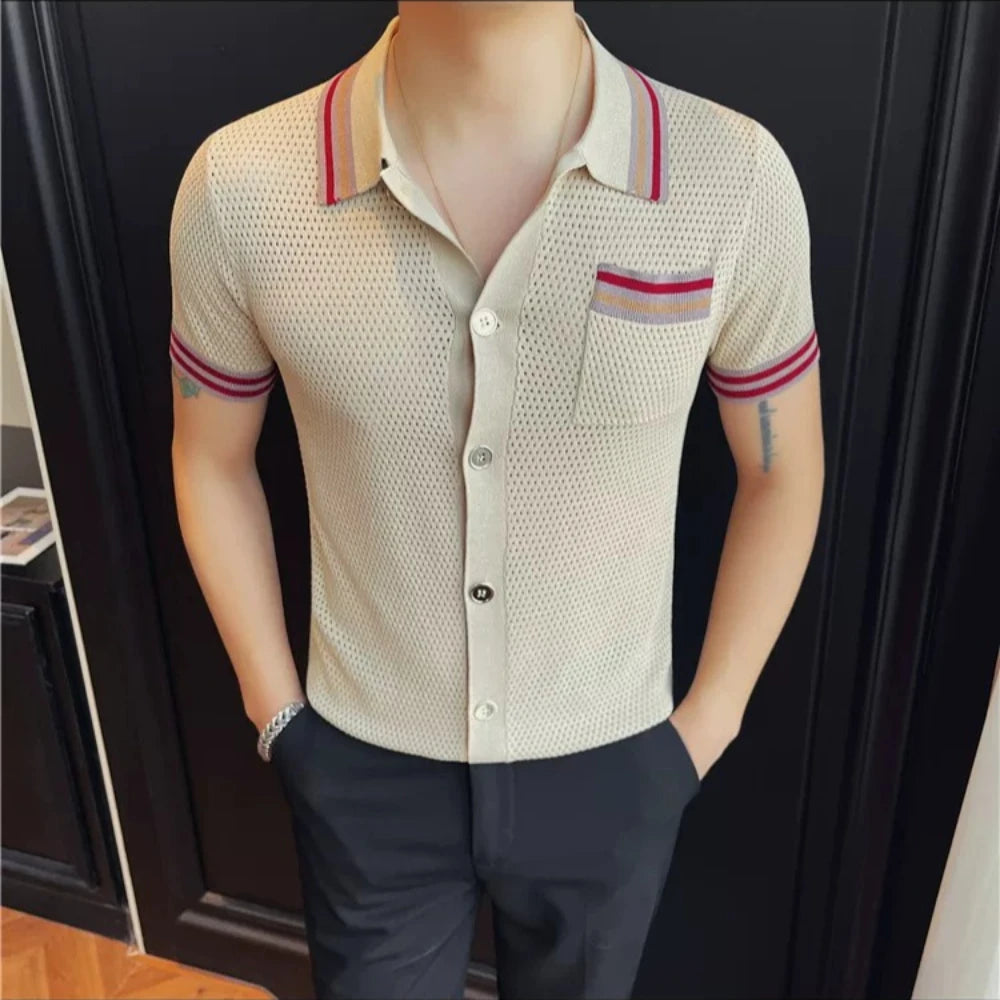Hollow Dots Knitted Single-Breasted Shirt