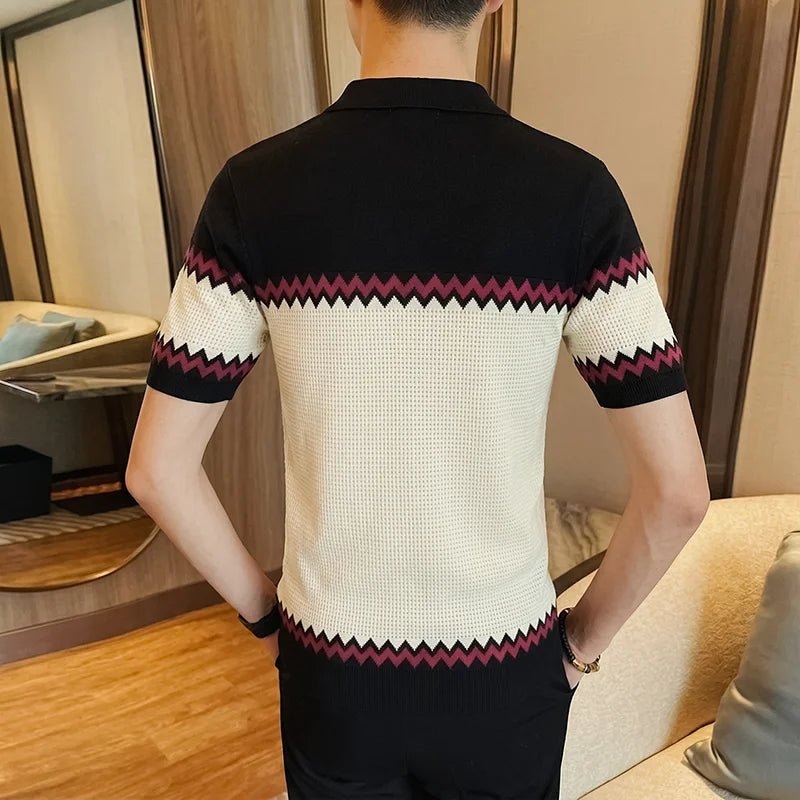Zig-Zag Striped Knitted Polo Shirt