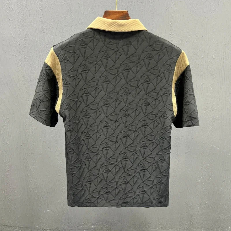 Geometric Textured Contrast Collar Polo Shirt