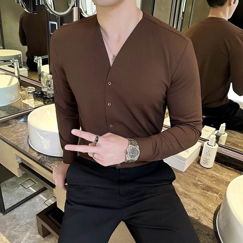 Buttoned V-Neck Long Sleeve Shirt