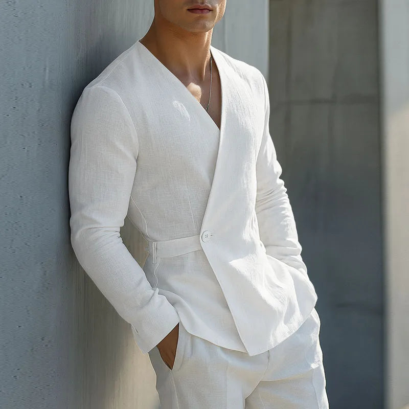 Solid Color V-Neck One-Button Shirt